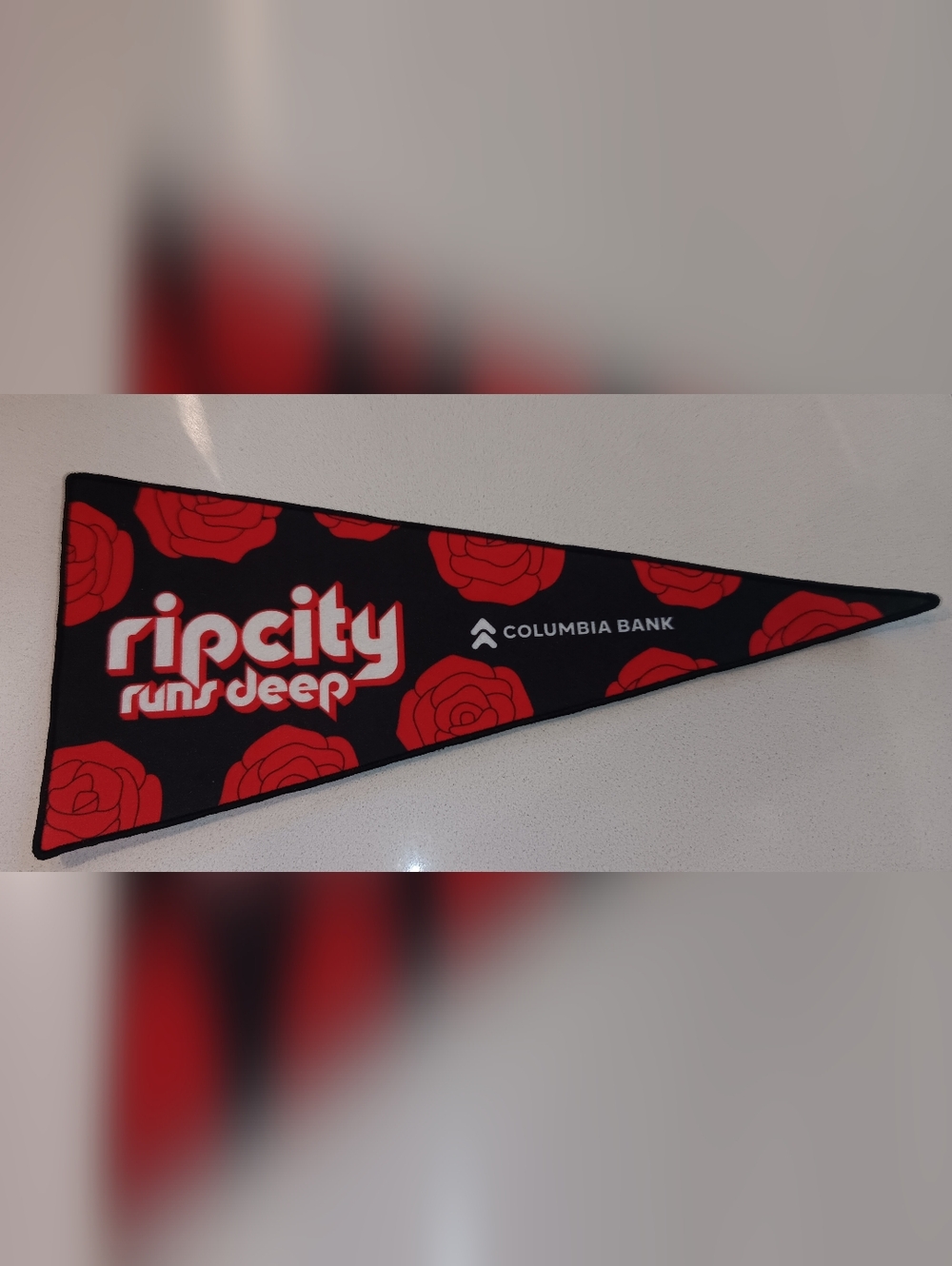 Black and Red Rip City Pennant with Rose Motif